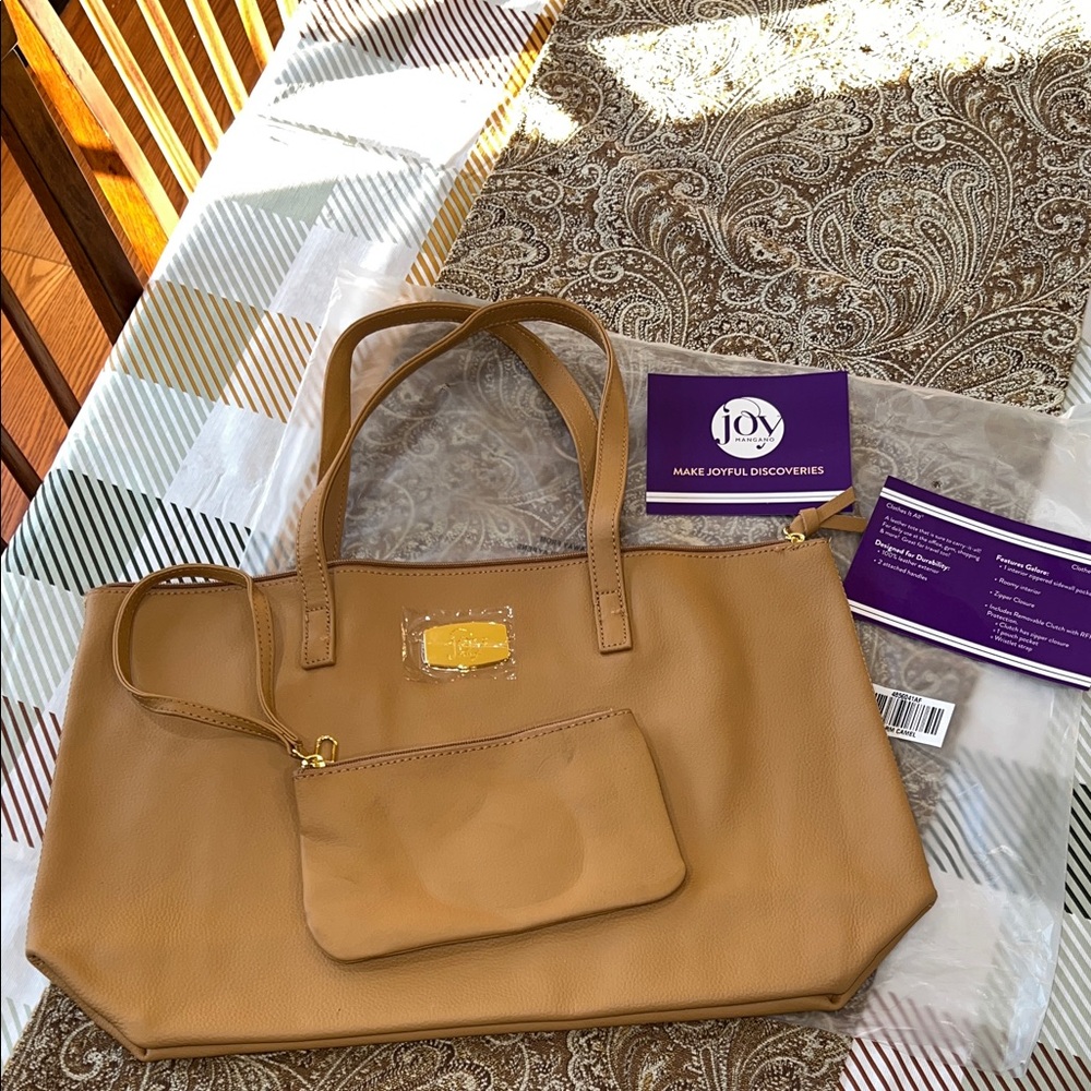 Joy Mangano Leather Tote With Matching Wristlet  NEW Warm Camel